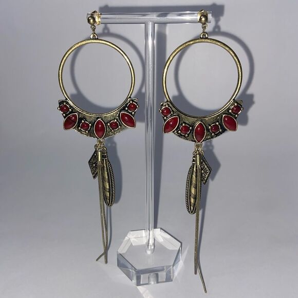 NWT Free People Winona Hoops - Gold Brass with Red Coral Stones - Picture 11 of 11